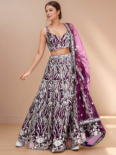Elegant Purple Sequins Net Reception Wear Lehenga Choli With Dupatta